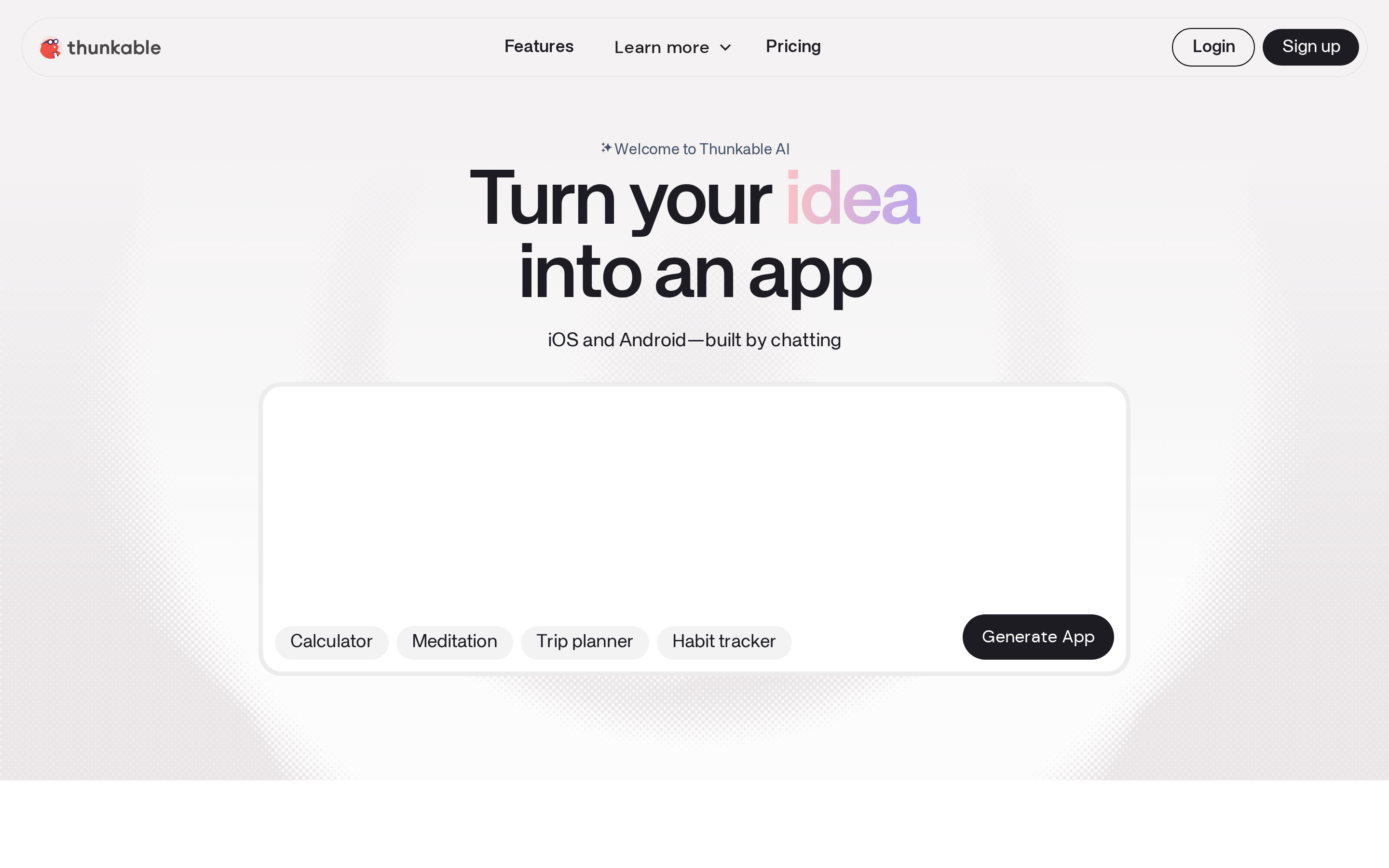 Thunkable's block-based visual app builder with AI discussion mode and drag-and-drop canvas