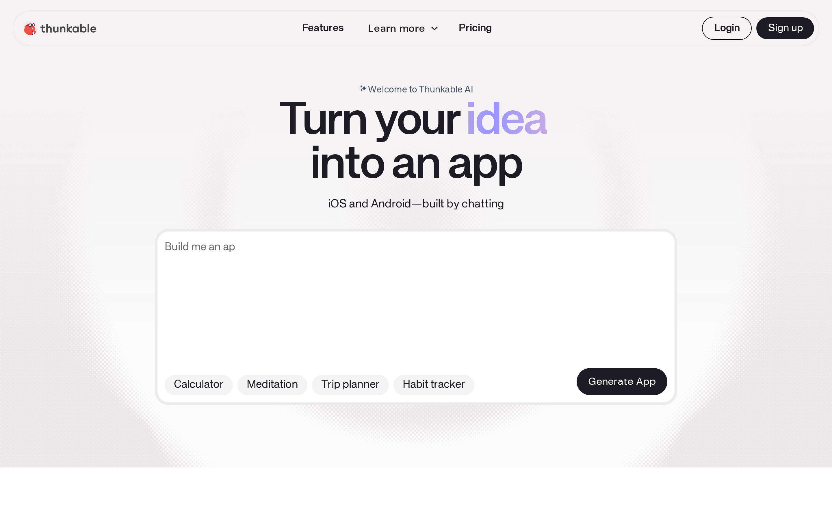 Thunkable landing page showing its block-based builder for iOS, Android, and web apps
