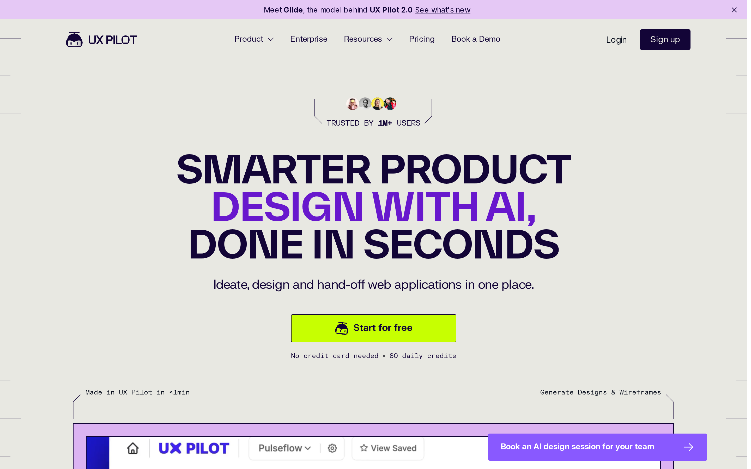 UX Pilot landing page showing its chat-based AI UI screen generator