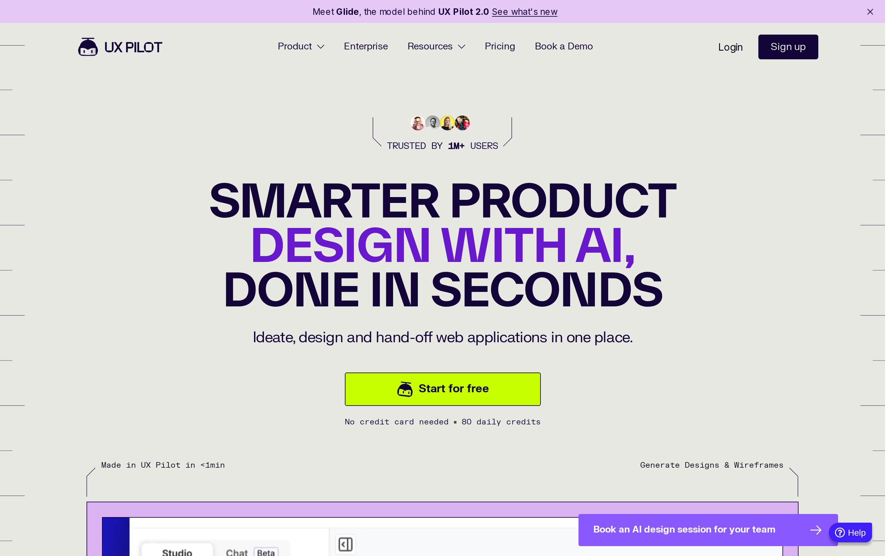 UX Pilot AI landing page hero showing prompt-generated wireframes and high-fidelity screens