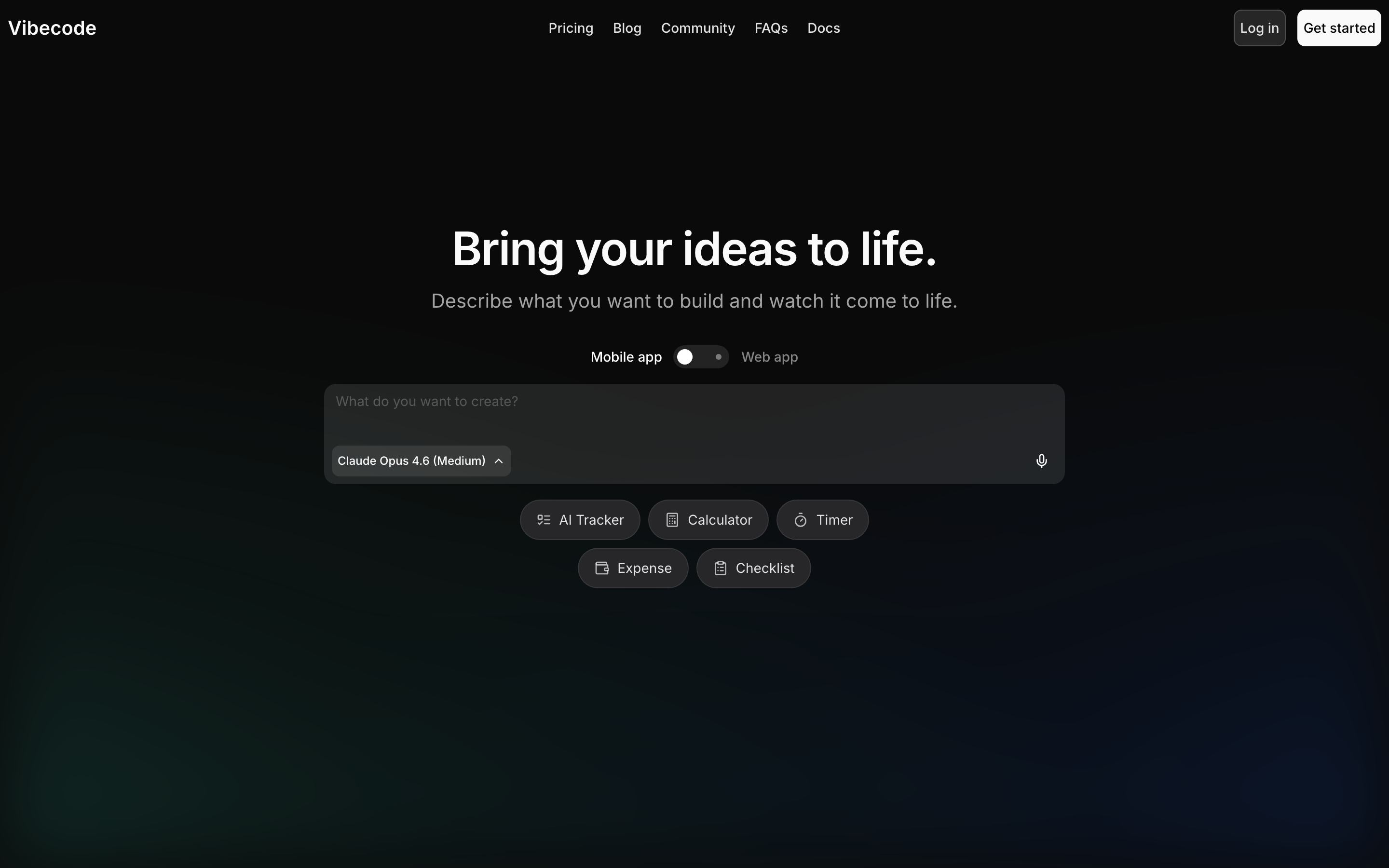Vibecode product interface showing its AI app builder workspace