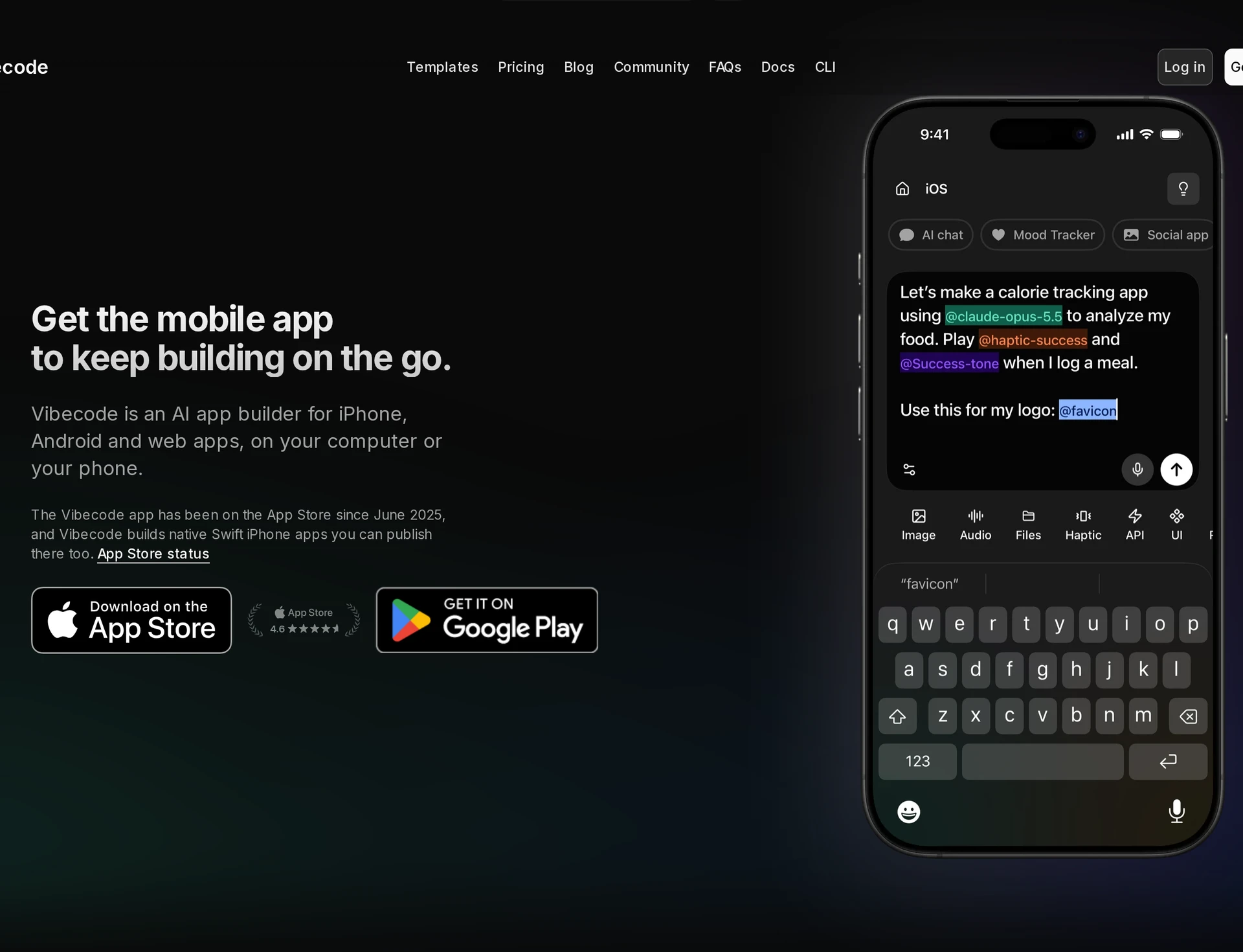 Vibecode AI app builder with an iPhone prompt composer, creation tools and on-screen keyboard