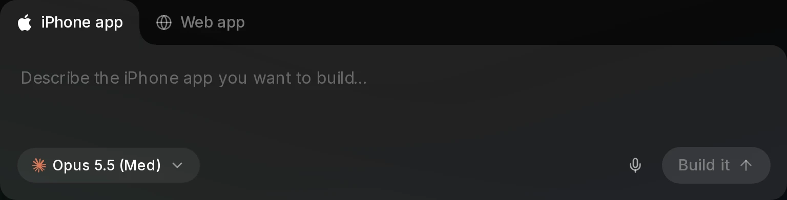 Vibecode app-building interface with an iPhone app description field and Build it button