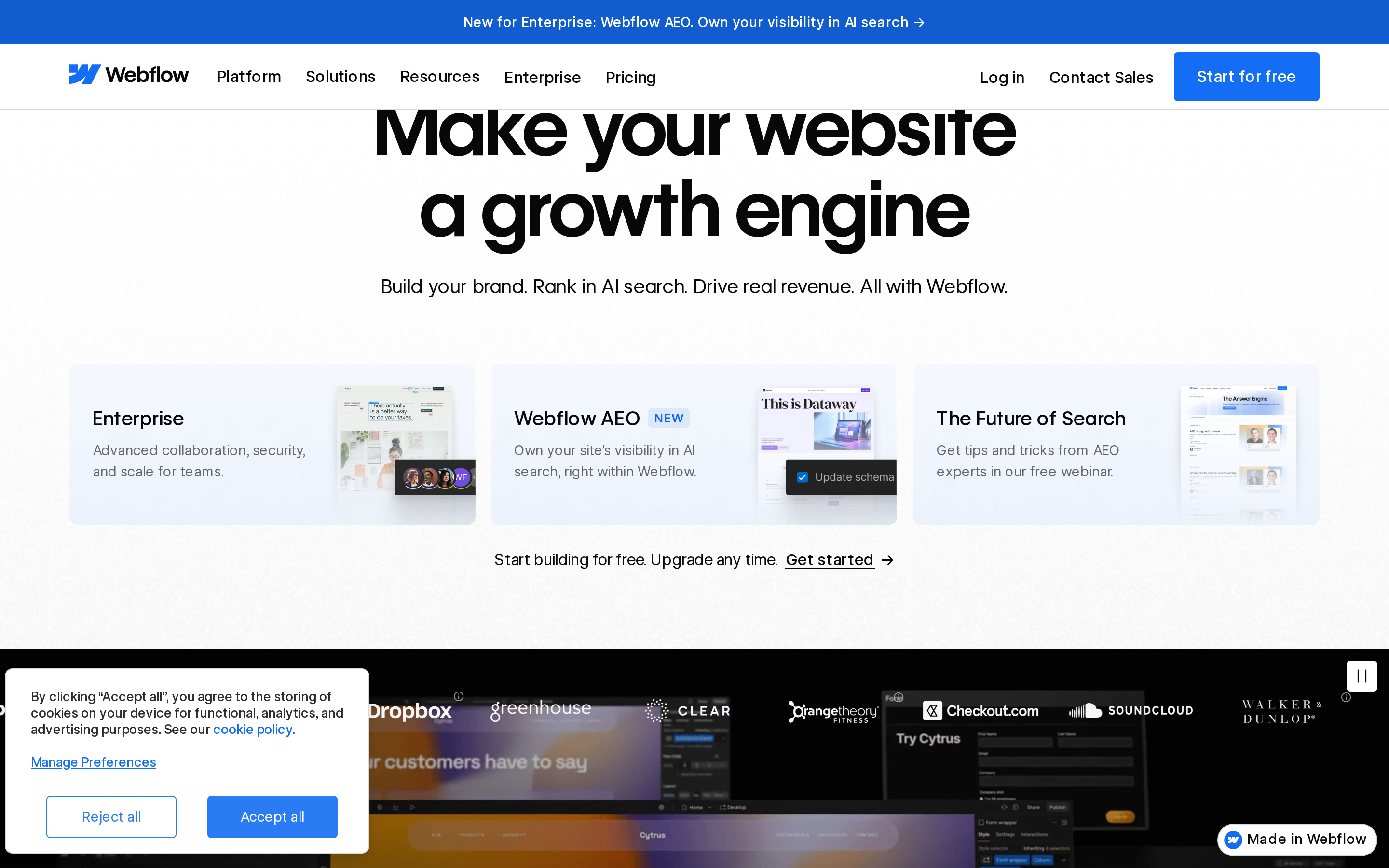 Webflow visual website builder for hosted HTML, CSS, and CMS pages