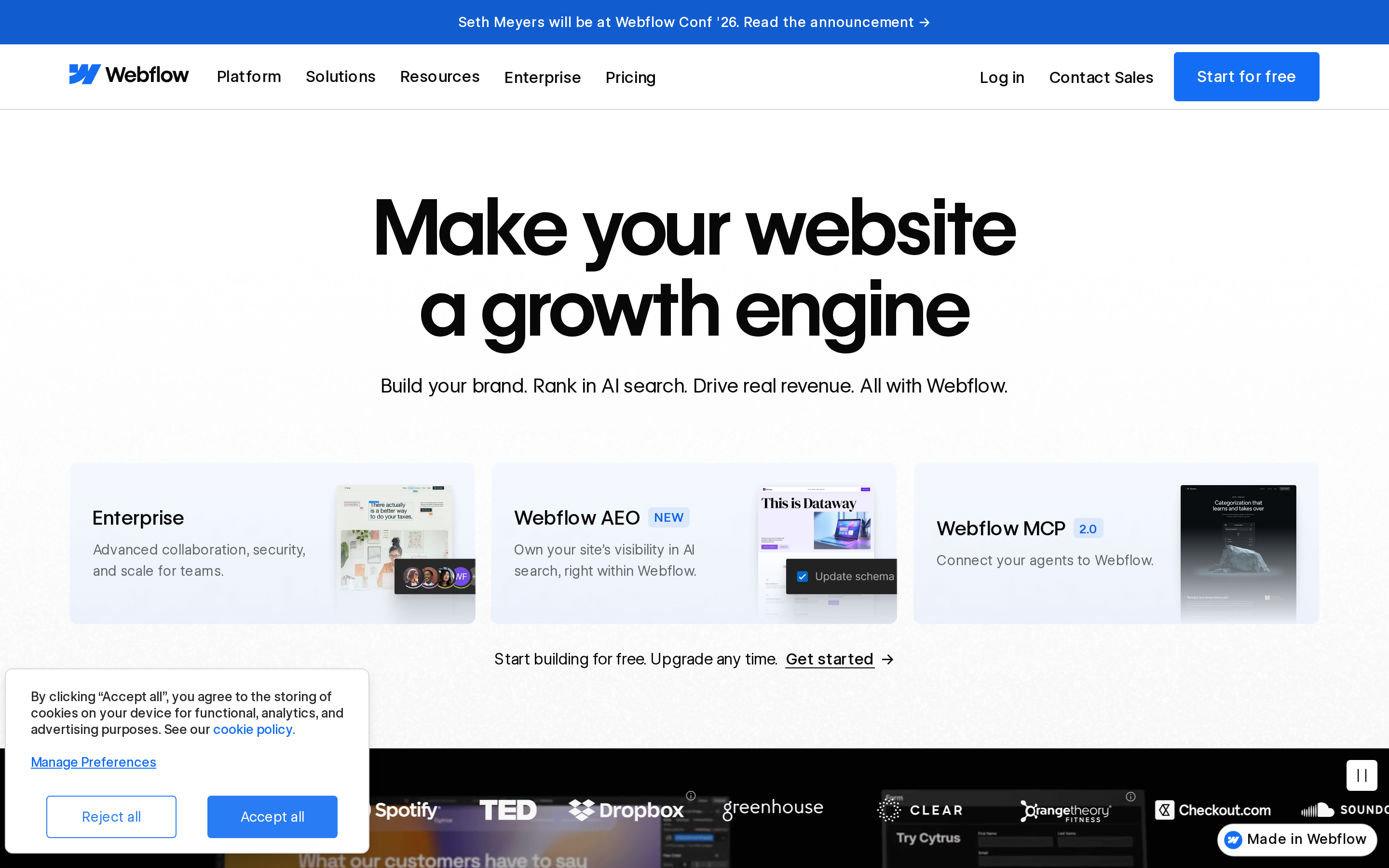Webflow landing page hero showing its visual website design and publishing platform